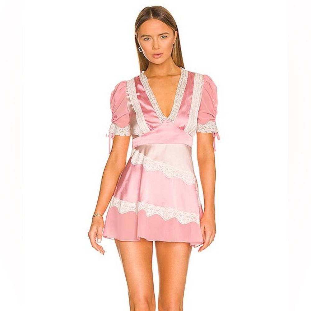 Love Shack Fancy Karlina Pink Lace Trim Mini Dress